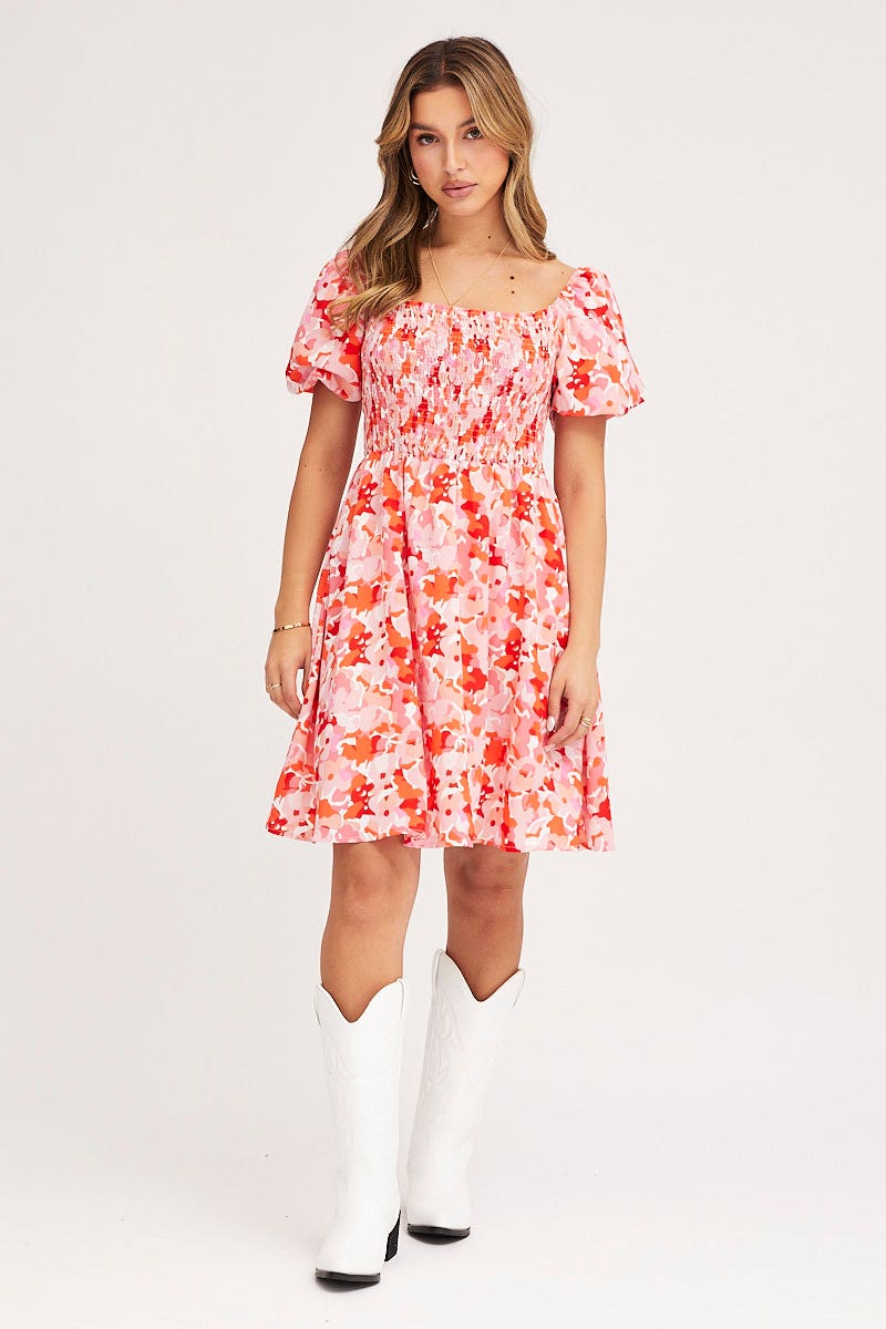 Print Fit And Flare Dress Short Sleeve Square Neck