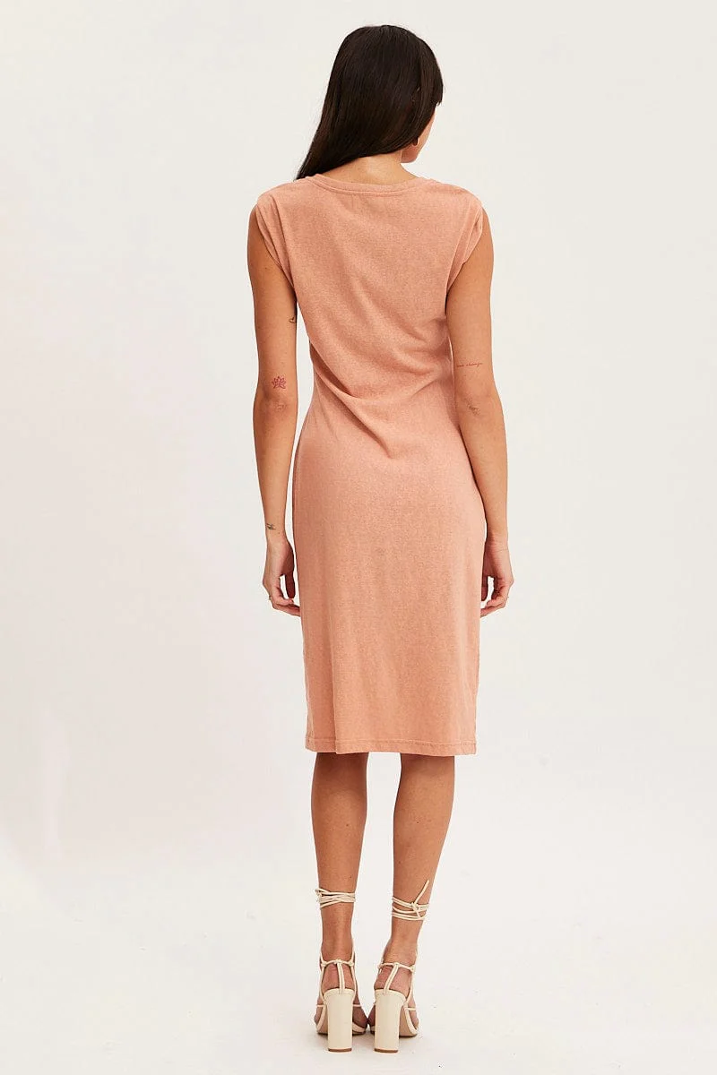 Orange Midi Dress Short Sleeve Round Neck