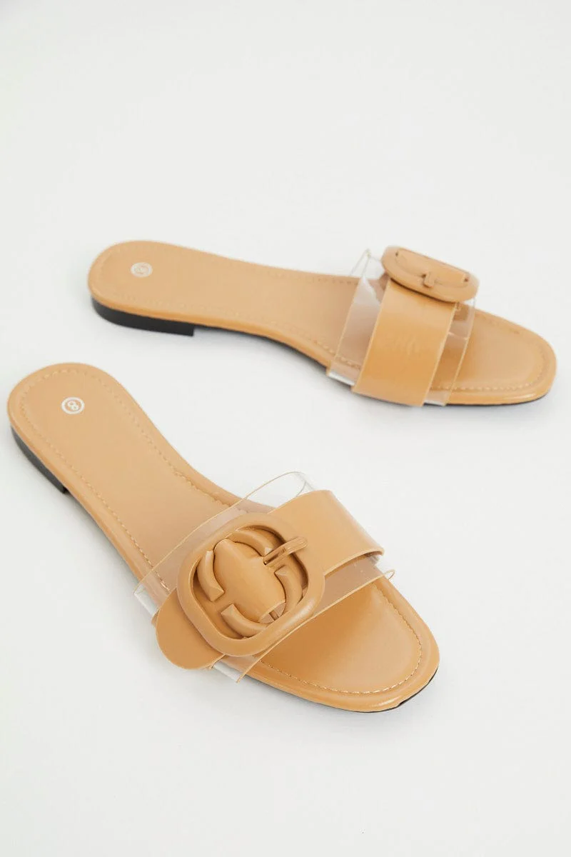 Yellow Buckle Detail Flat Slides