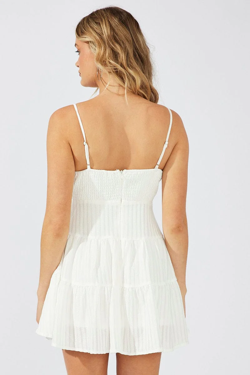White Fit And Flare Dress Mini Textured Fabric