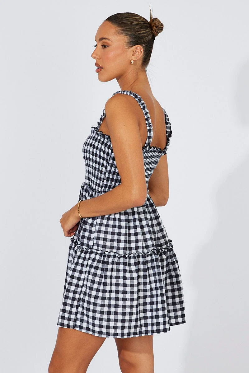 Black Check Fit And Flare Dress Shirred Bust Mini