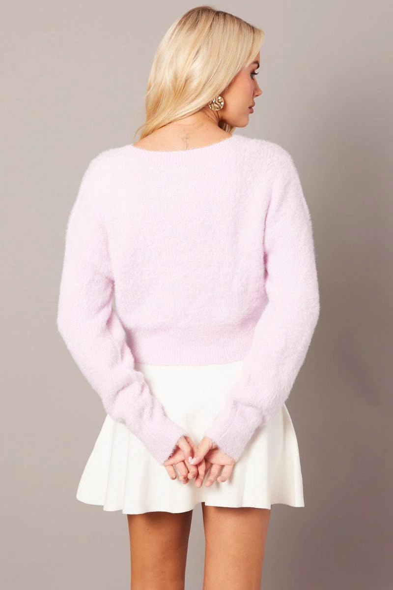 Pink Fluffy Knit Cardigan Long Sleeve V Neck