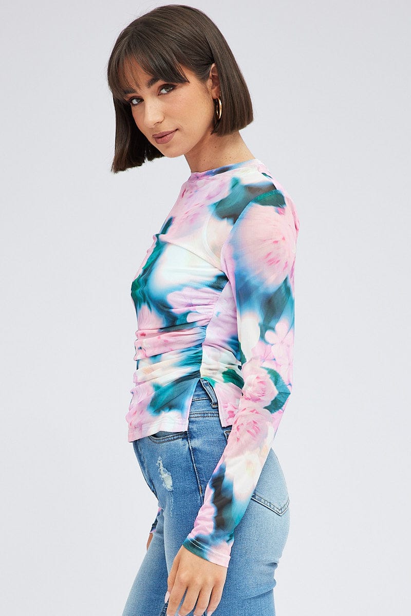 Pink Abstract Top Long Sleeve Crew Neck Longline Ruched Mesh