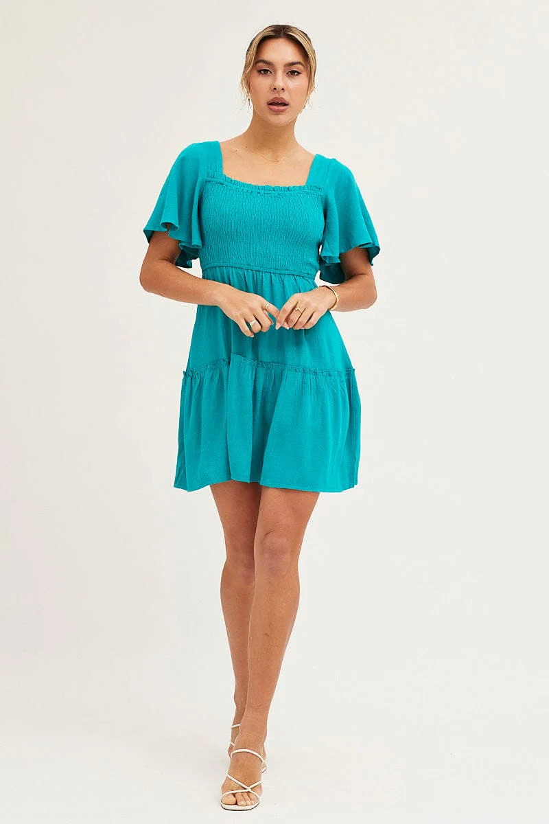 Green Shirred Bust Skater Dress