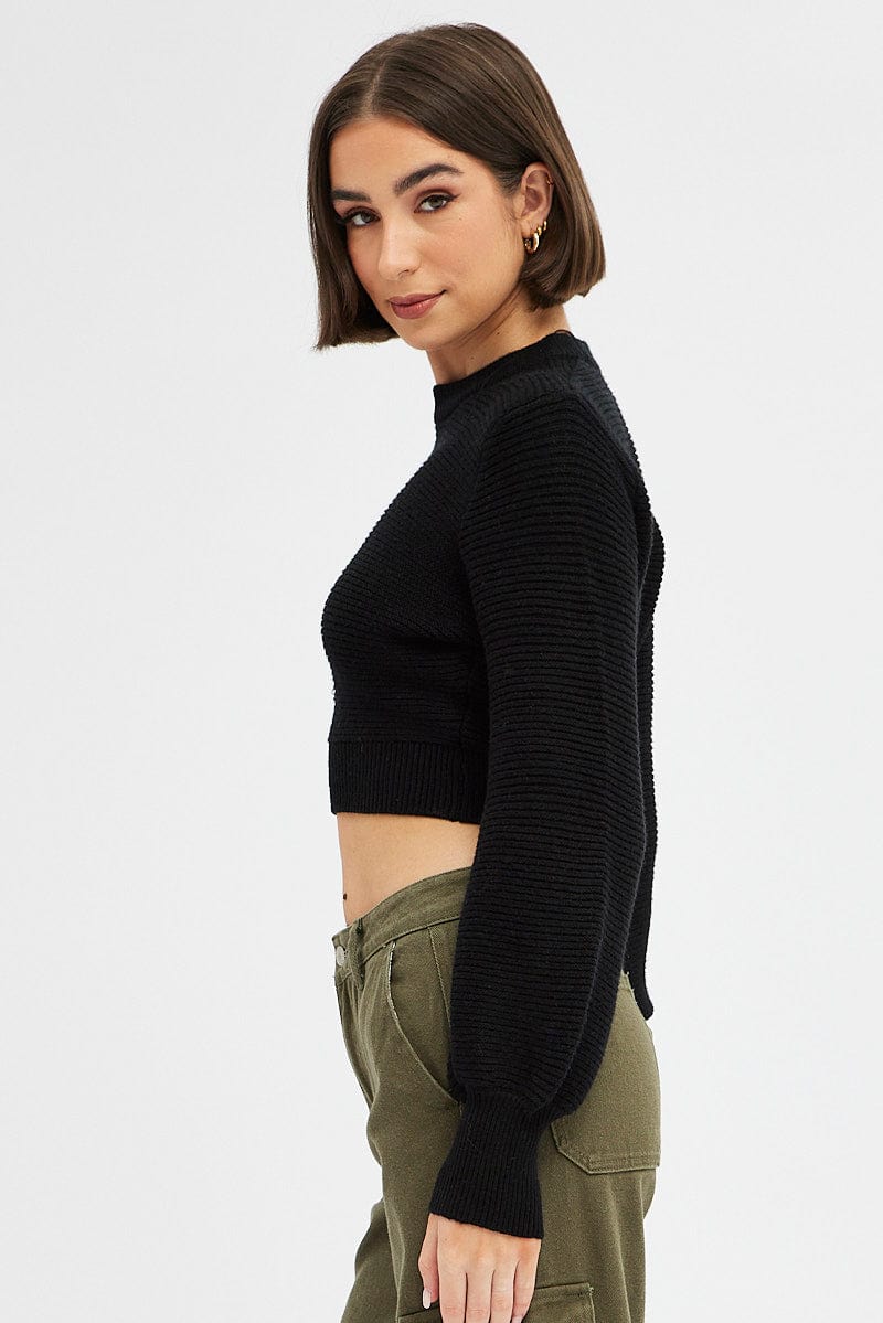 Black Knit Top Long Sleeve Crop Round Neck