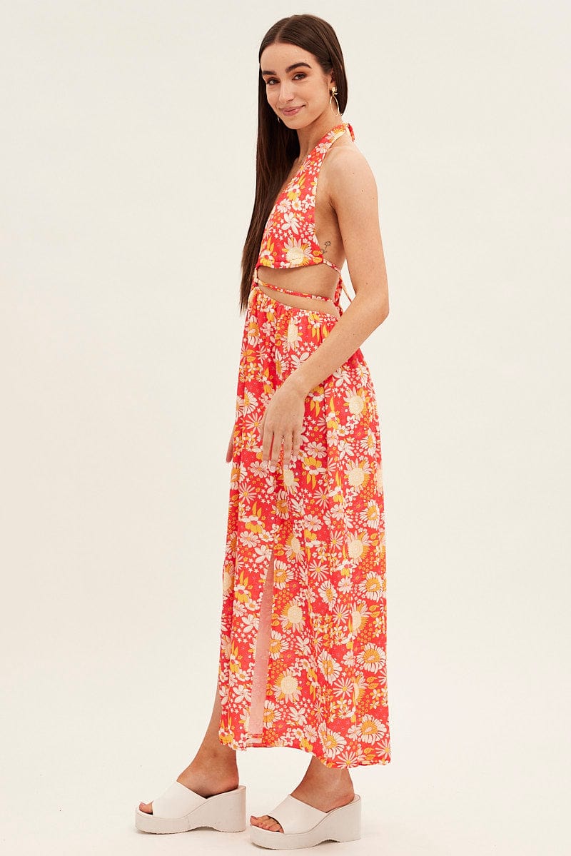 Red Floral Maxi Dress Cutout Front Split