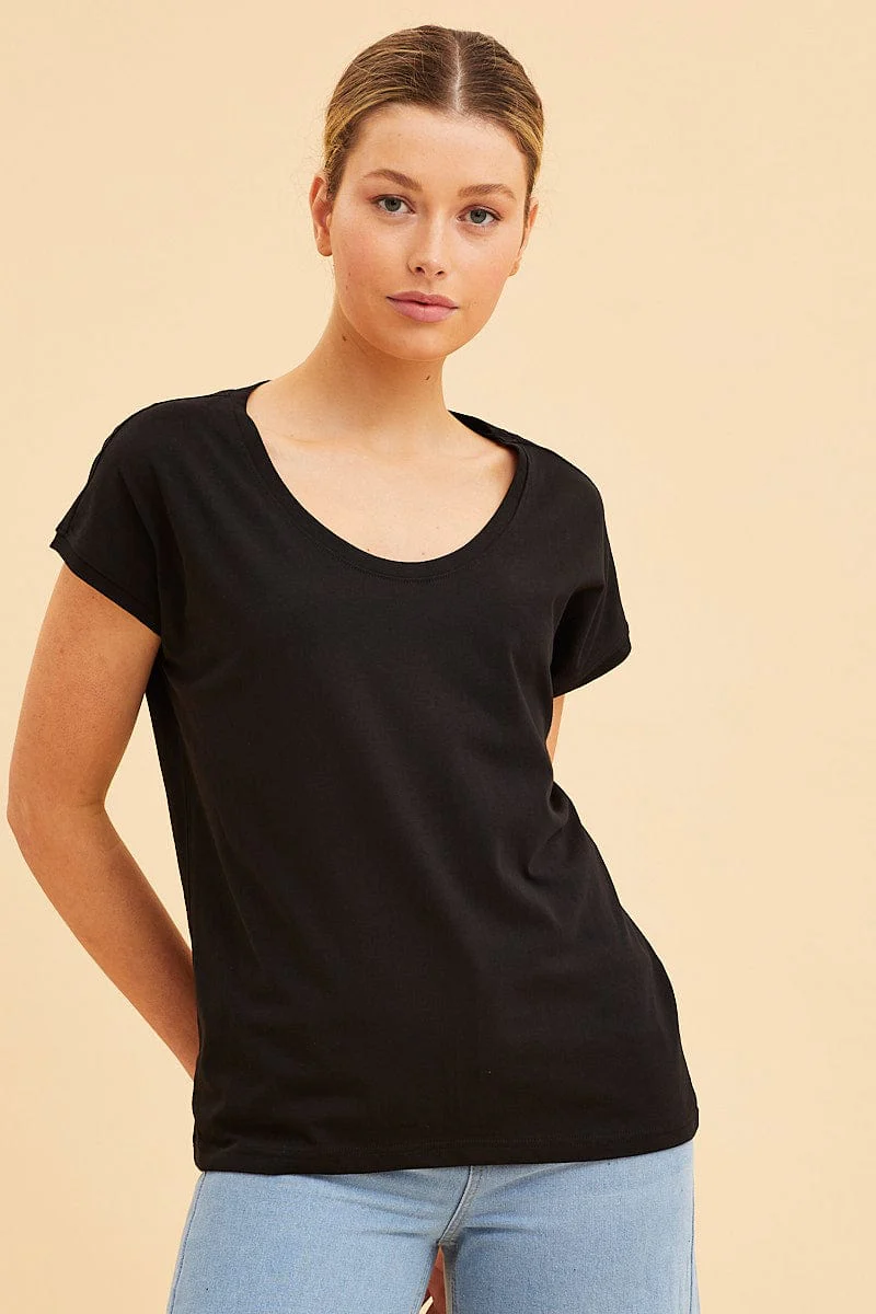 Black Relaxed T-Shirt Scoop Neck Drop Shoulder