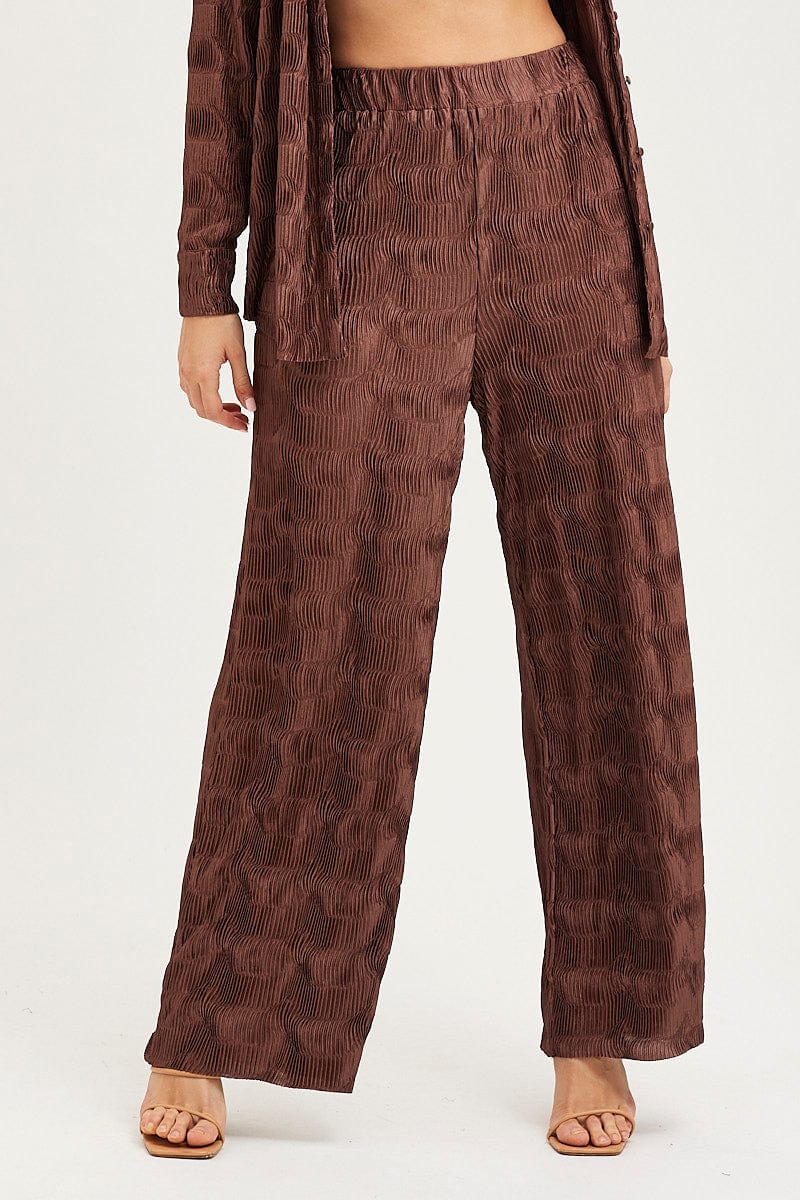 Brown Plisse Pants Wide Leg High Rise