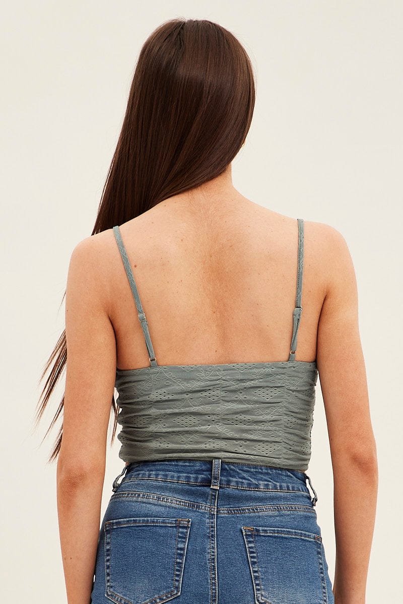 Green Lace Keyhole Rushed Cropped Cami