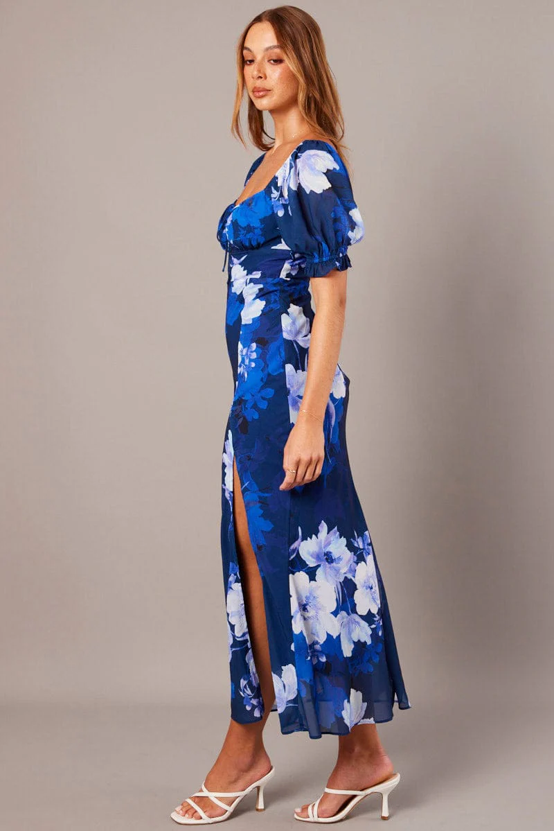 Blue Floral Midi Dress Puff Sleeve
