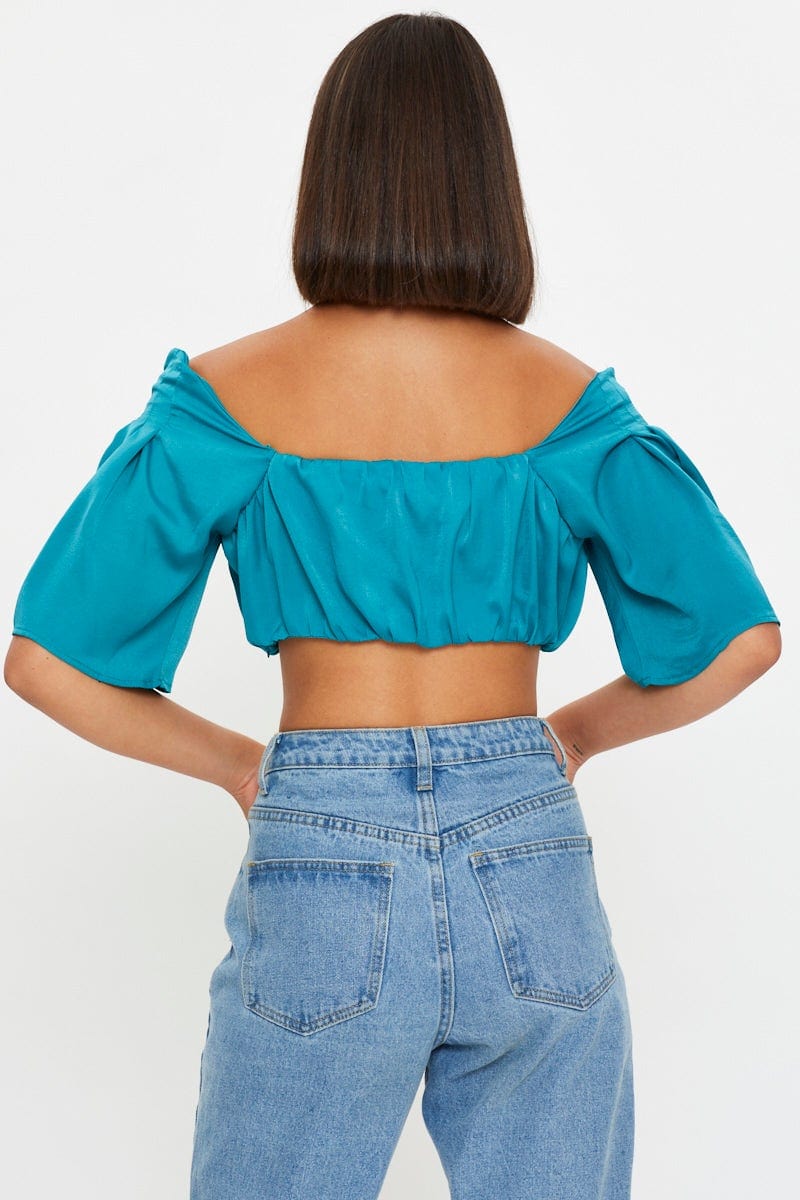 Blue Crop Top Short Sleeve Satin