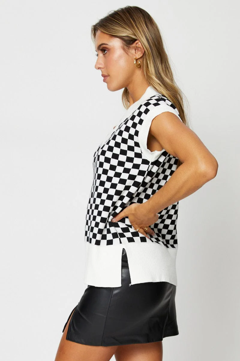 Check Knit Top Sleeveless Oversized V-Neck