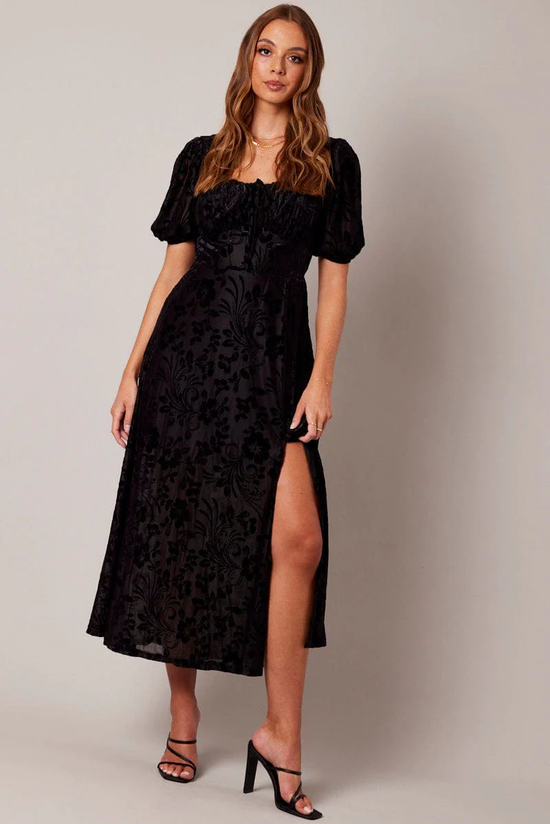 Black Midi Dress Short Sleeve Side Split