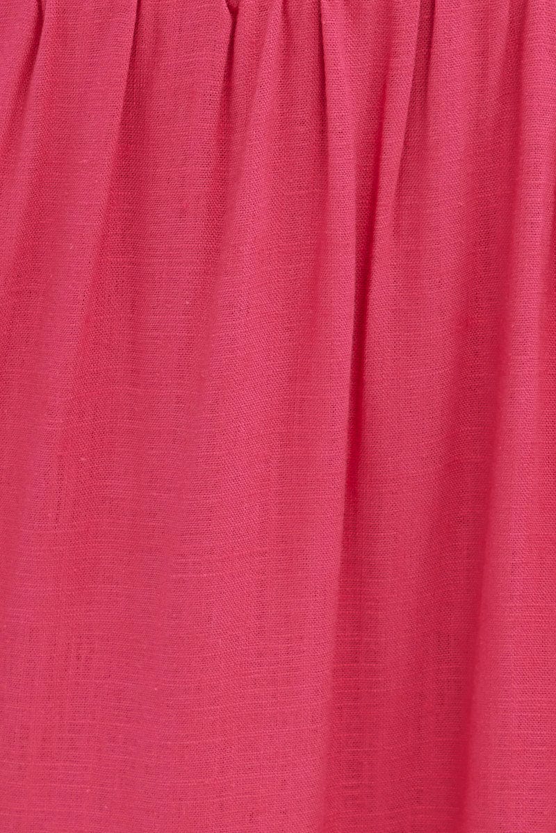 Pink Midi Dress Sleeveless V Neck Tiered Linen Blend