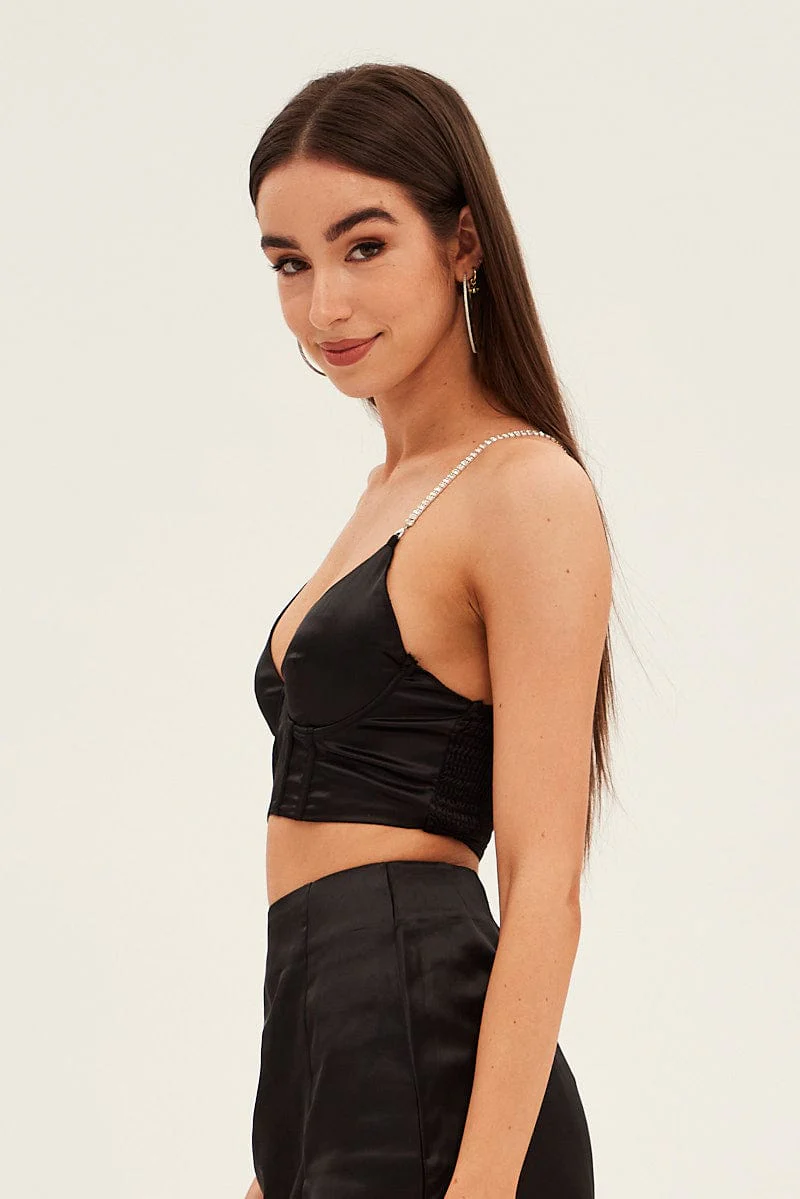 Black Corset Top Sleeveless Crop Diamantes Party Satin