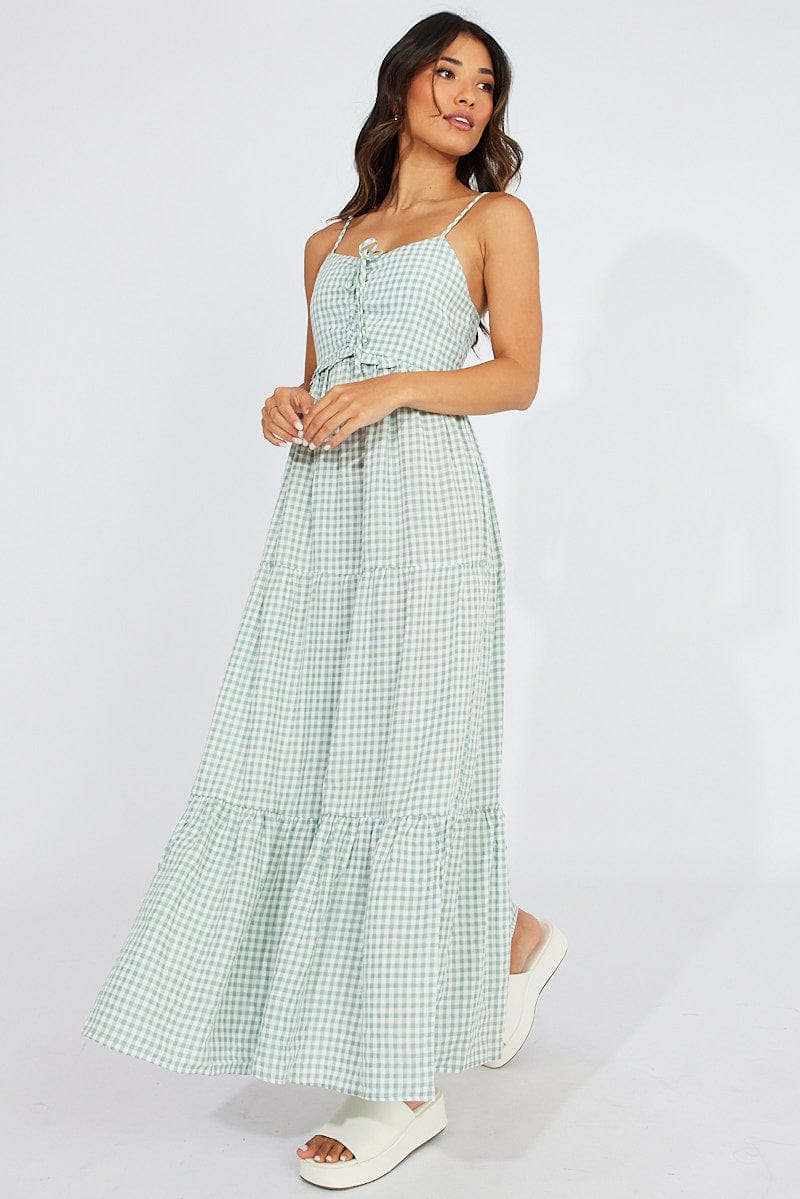 Green Check Maxi Dress Sleeveless Shirred Bust
