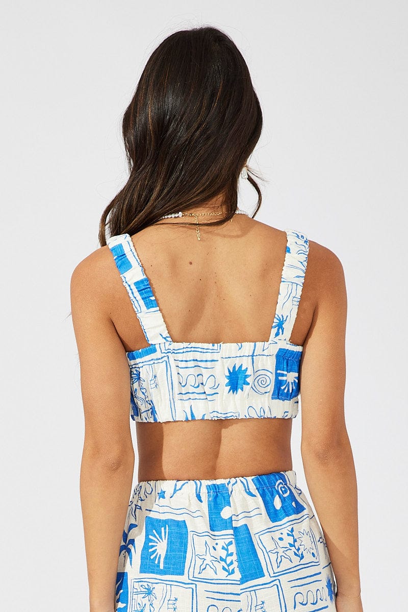 Blue Print Crop Top Square Neck