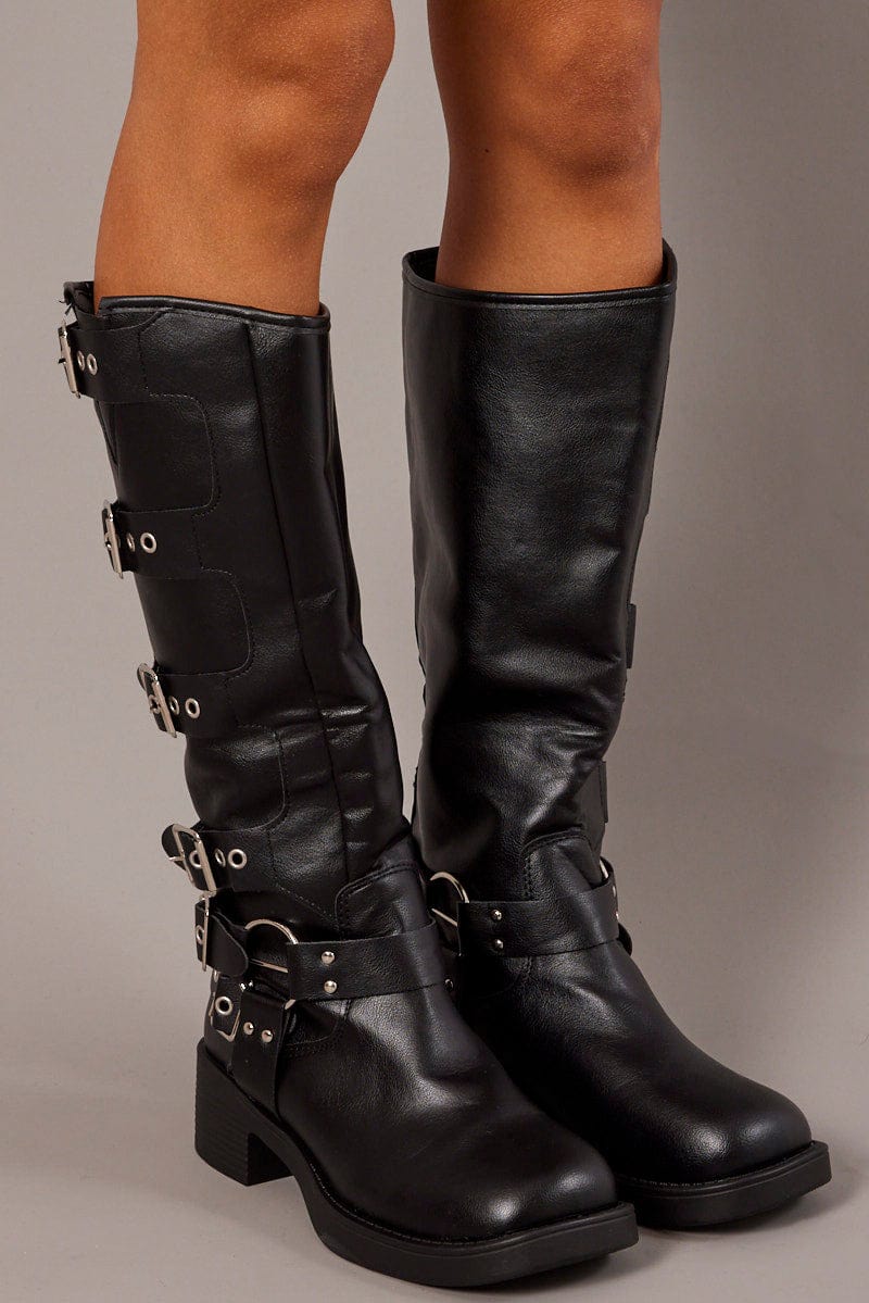 Black Buckle Detail Biker Boots