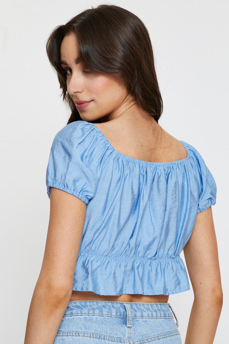 Blue Crop Top Short Sleeve Square Neck