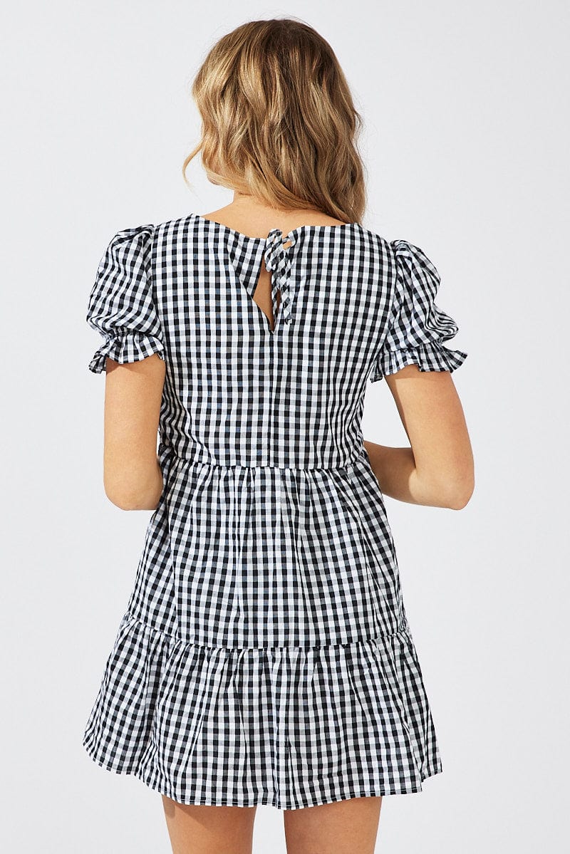 Black Check Smock Dress Short Sleeve Tiered