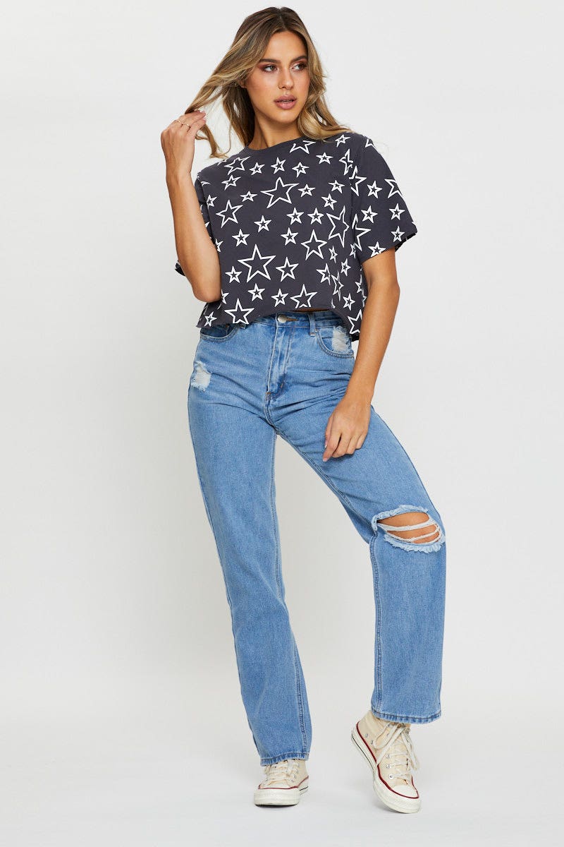 Print Short Sleeve Jersey All Over Star Print T Shirt