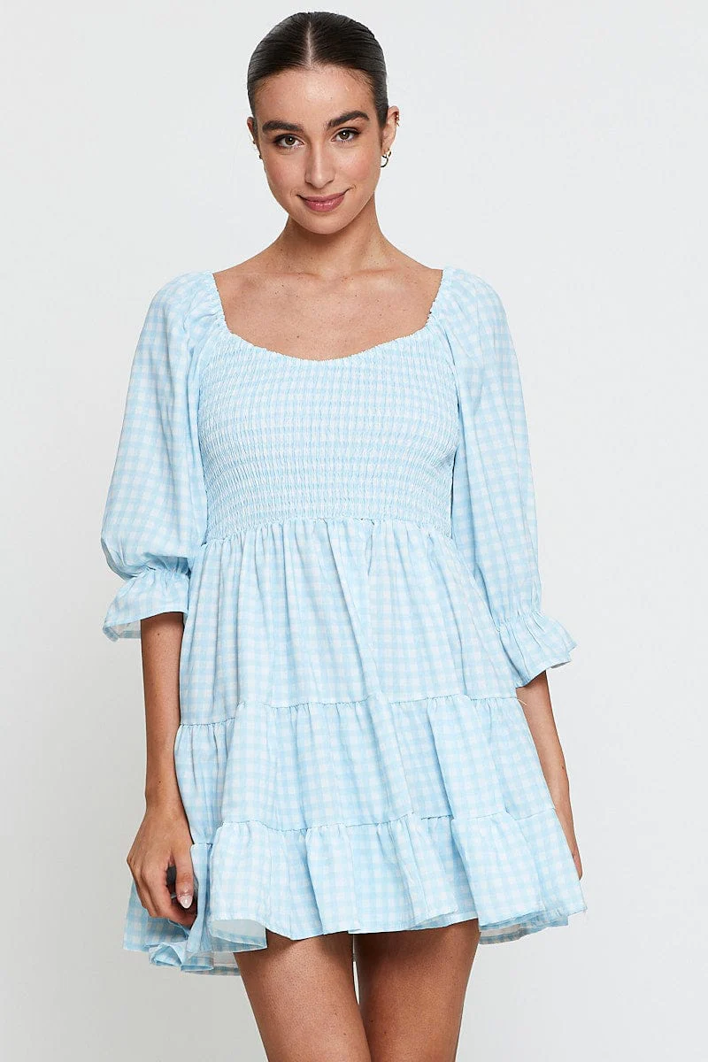 Check Fit And Flare Dress Long Sleeve Sweetheart Neck