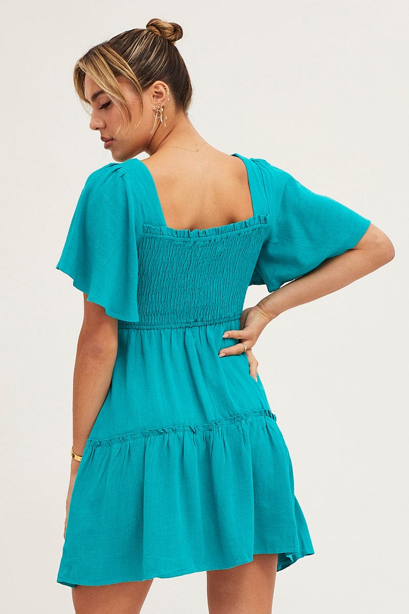 Green Shirred Bust Skater Dress