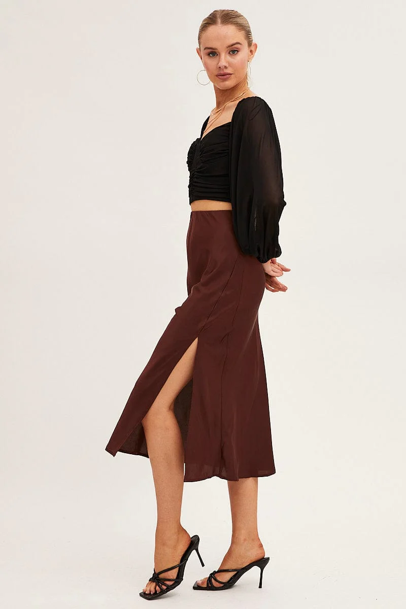 Brown Slip Skirt Midi Front Split Satin