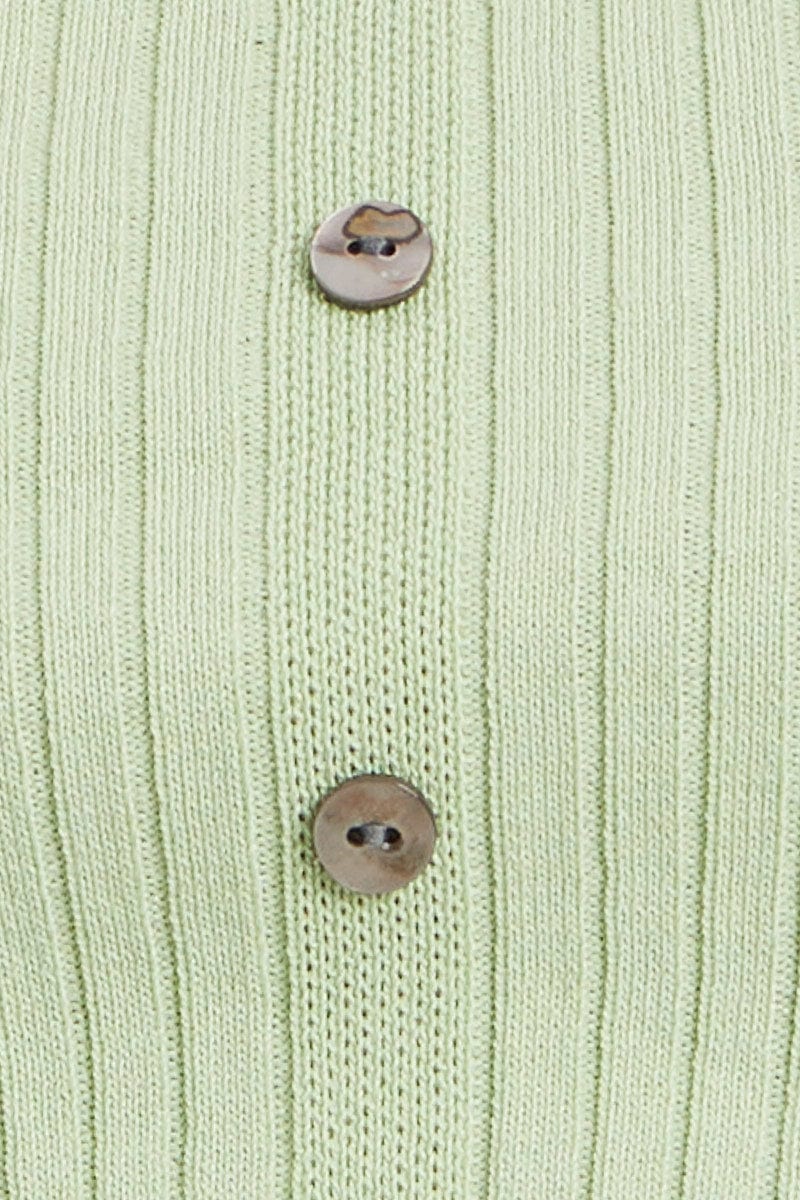 Green Short Sleeve Rib Knit Scoop Neck Button Detail Cro