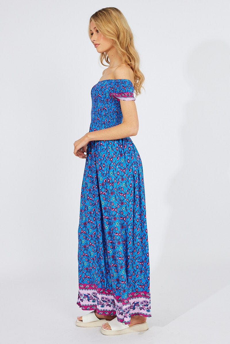 Blue Boho Maxi Dress Off Shoulder