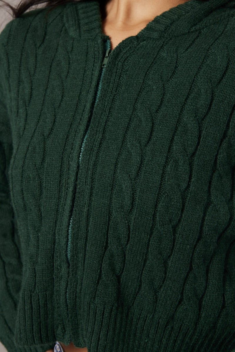 Green Hooded Cardigan Long Sleeve Cable Knit Zip Up