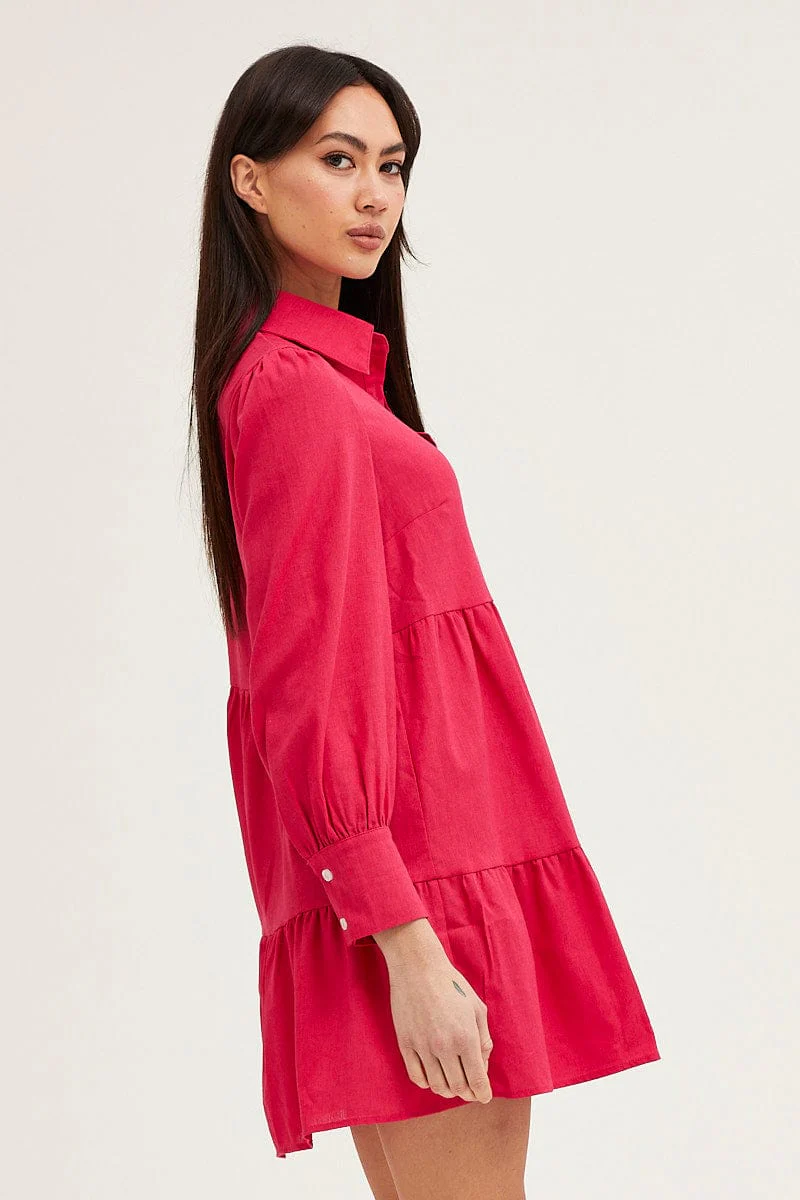 Pink Shirt Dress Long Sleeve Button Front