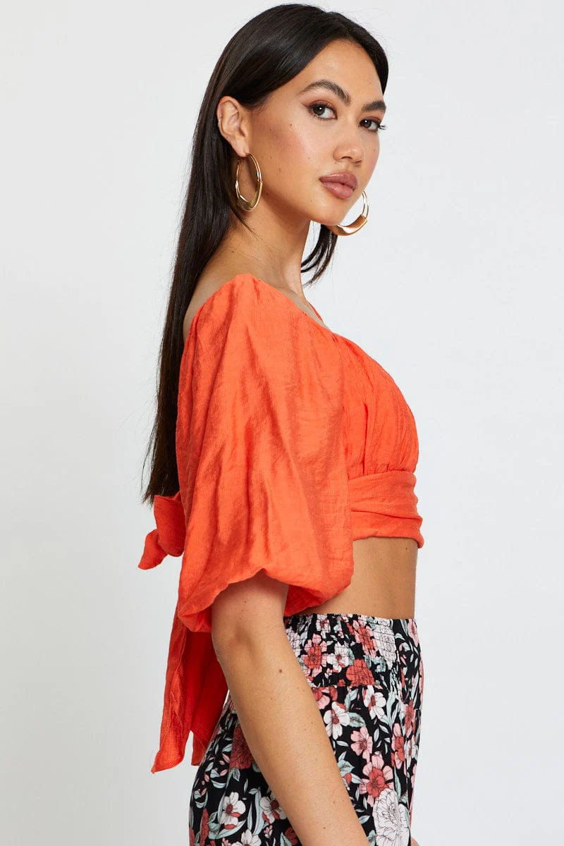 Red Crop Top Short Sleeve Tie Up