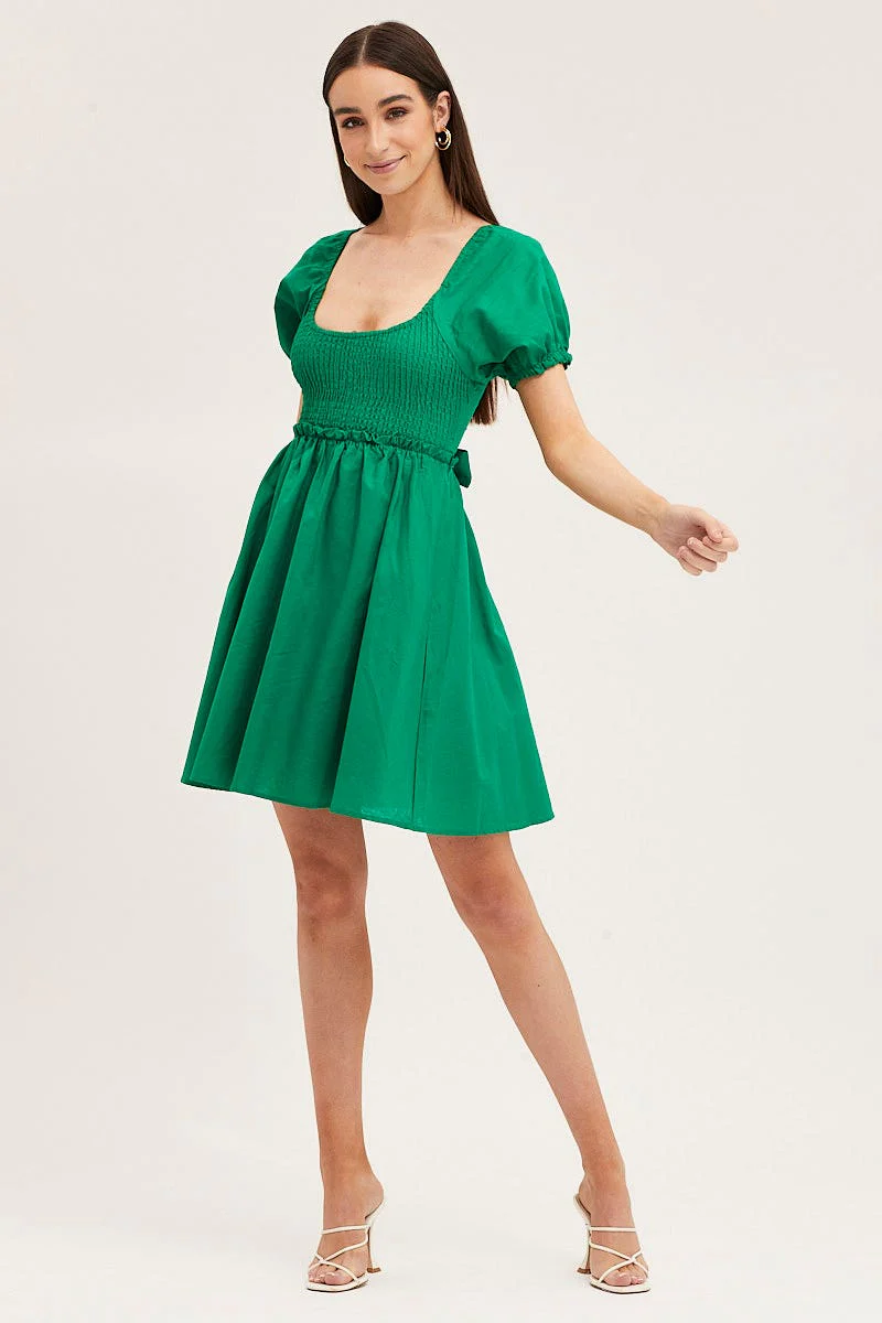 Green Puff Sleeve Linen Shirred Skater Dress
