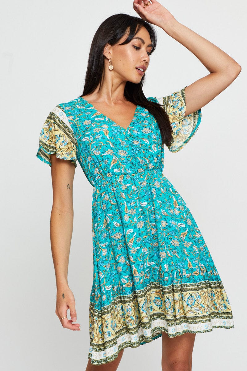 Boho Print Mini Dress Short Sleeve