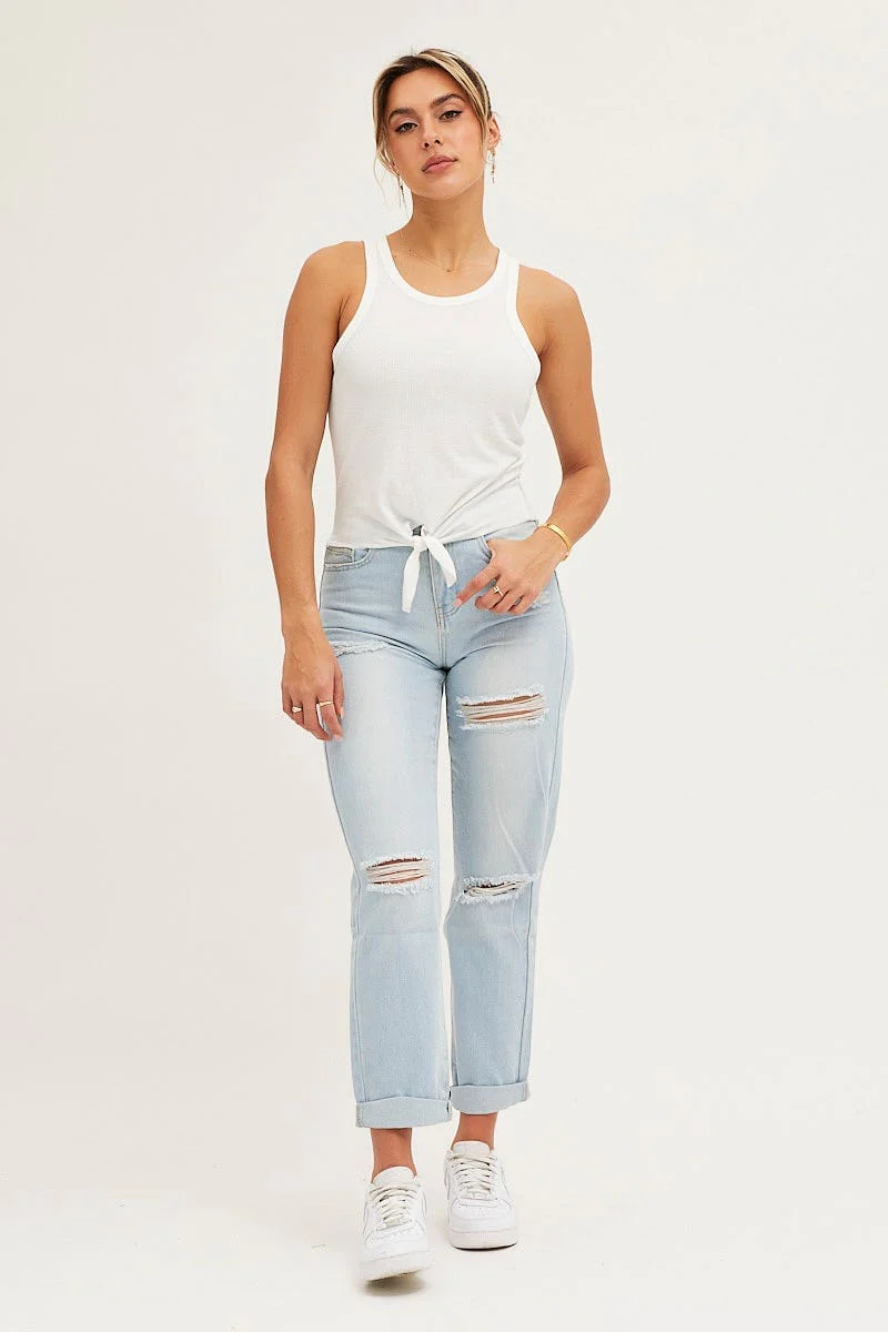 White Rib Knot Front Tank Top
