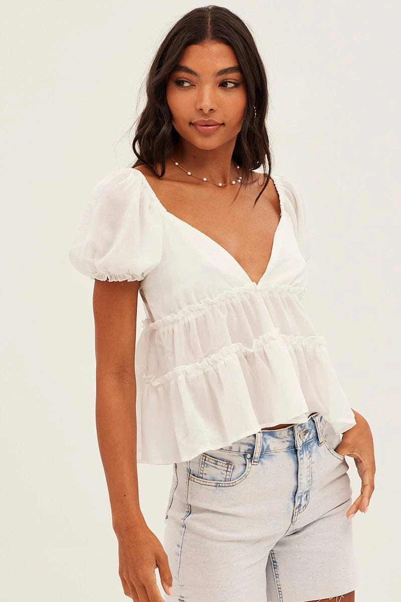 White Ruffle V Neck Puff Sleeve Tiered Top