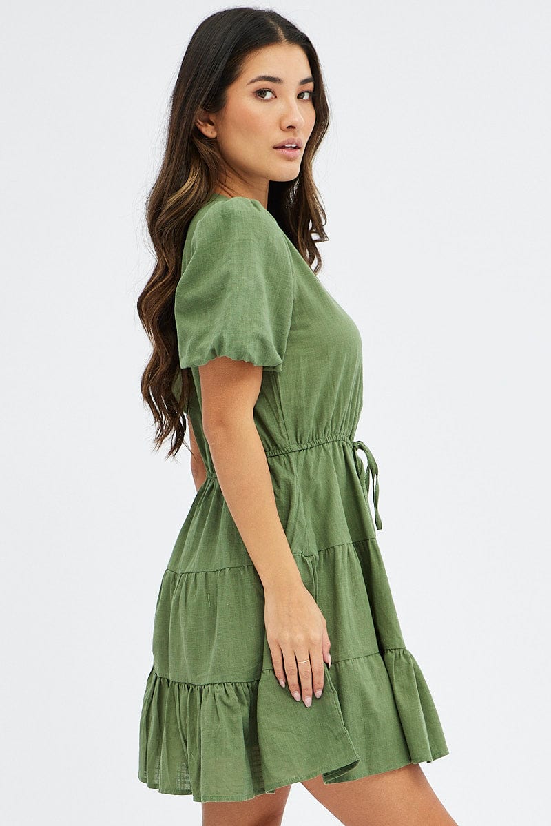 Green Shirt Dress Short Sleeve Tiered
