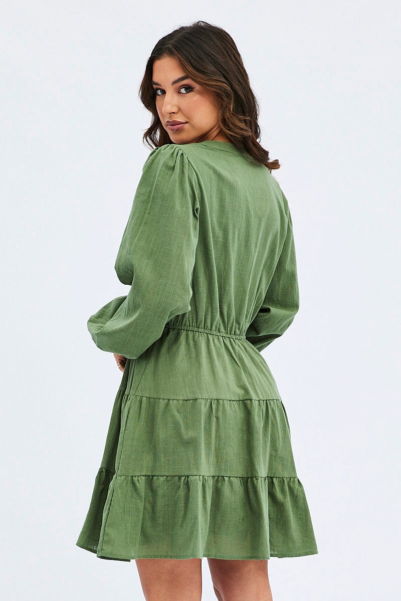 Green Shirt Dress Long Sleeve Tiered