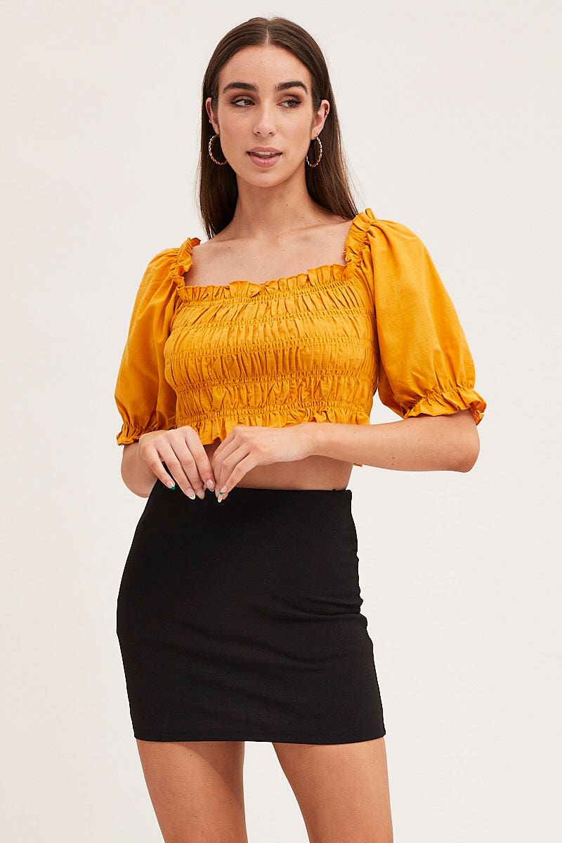 Orange Crop Top Short Sleeve Shirred