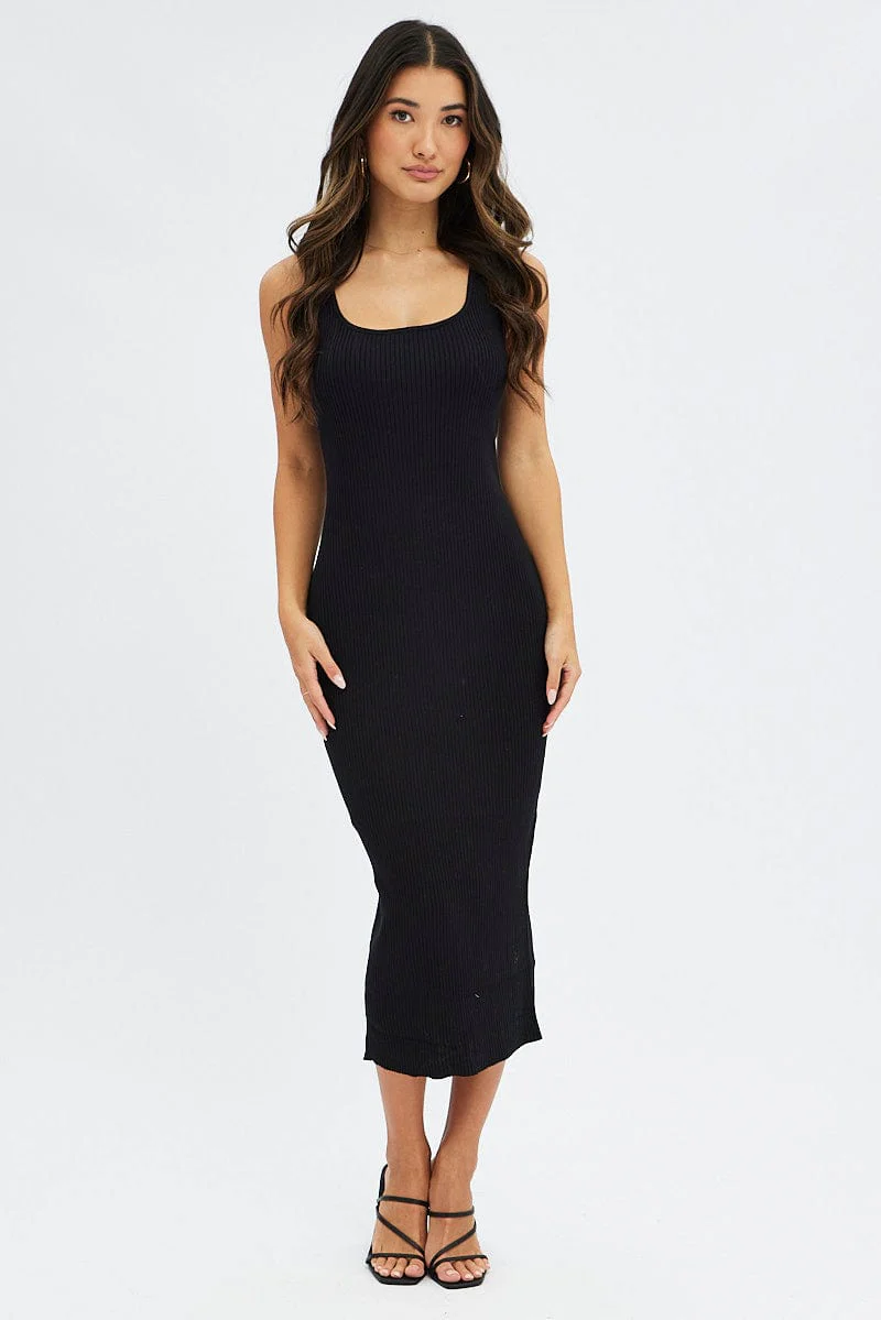 Black Knit Midi Dress Sleeveless Scoop Neck Bodycon Rib