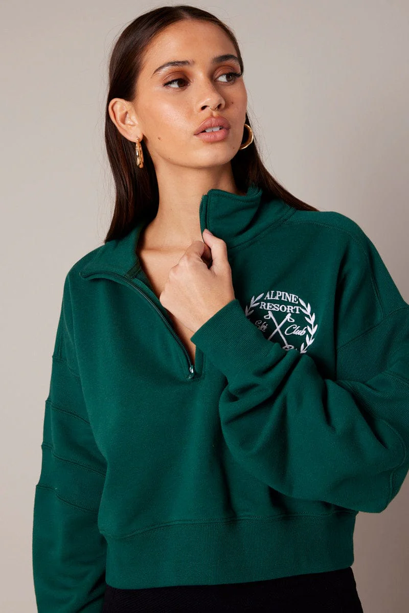 Green Zip Up Sweater Crop Long Sleeve High Neck