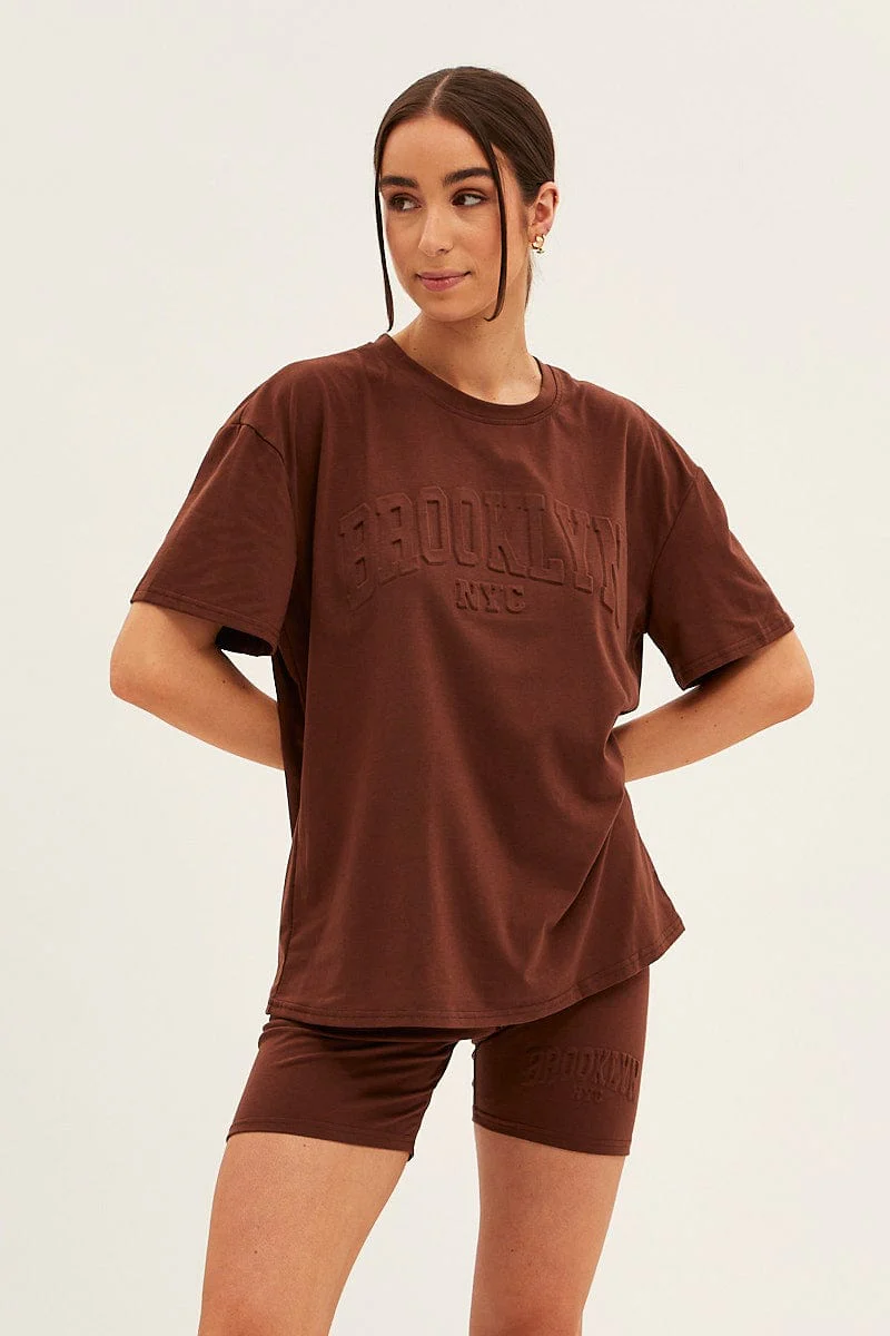 Brown Textured Tee And Biker Shorts Set