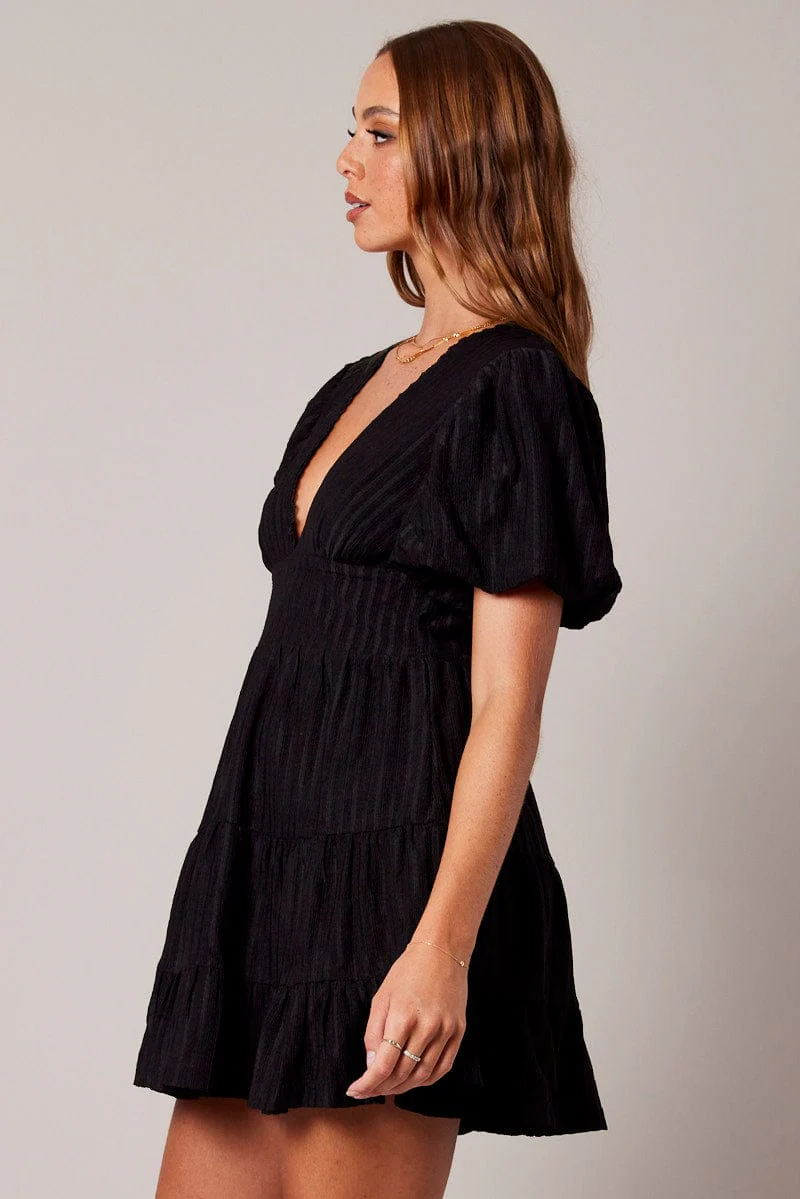 Black Fit And Flare Dress Puff Sleeve