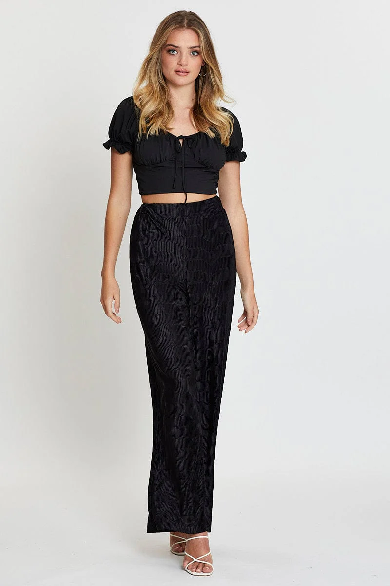 Black Jersey Top Puff Sleeve Ruche