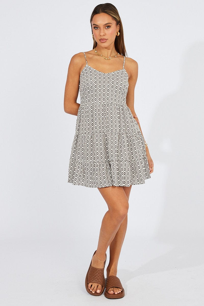 Brown Geo Fit and Flare Dress Sleeveless Tiered