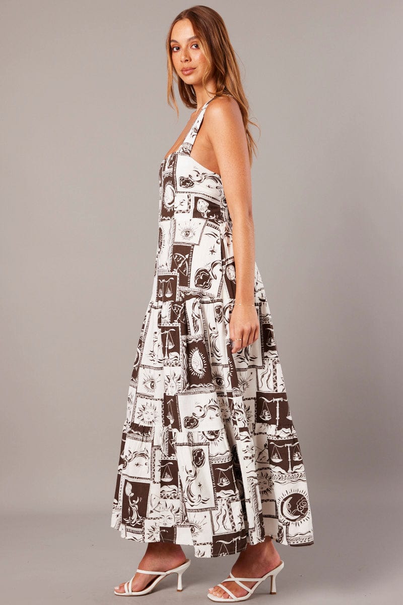 Brown Abstract Maxi Dress Square Neck Tiered