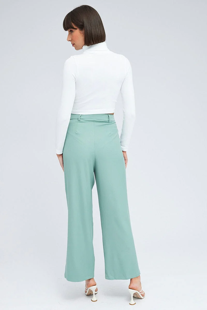 Green Wide Leg Pants High Rise