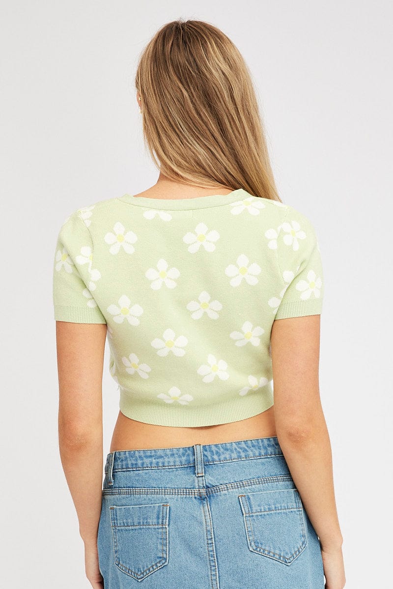 Green Floral Knit Cardigan Short sleeve