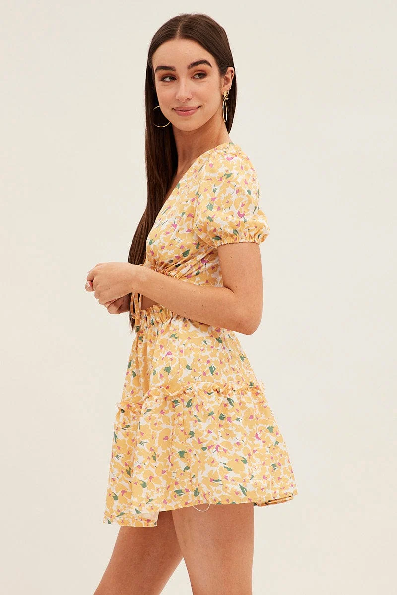 Yellow Print Cutout Skater Dress